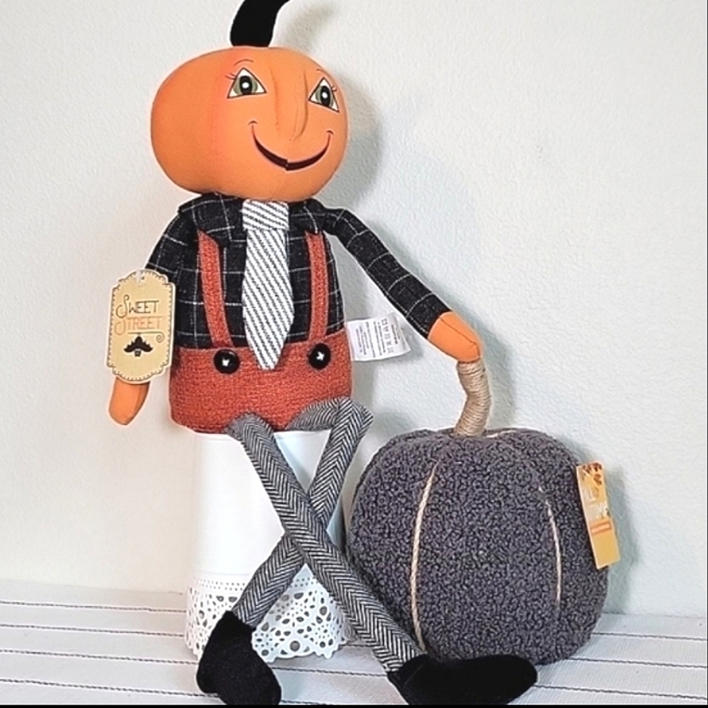 Halloween Pumpkin Boy Handcrafted Vintage Style Cute With Sherpa Pumpkin NWT